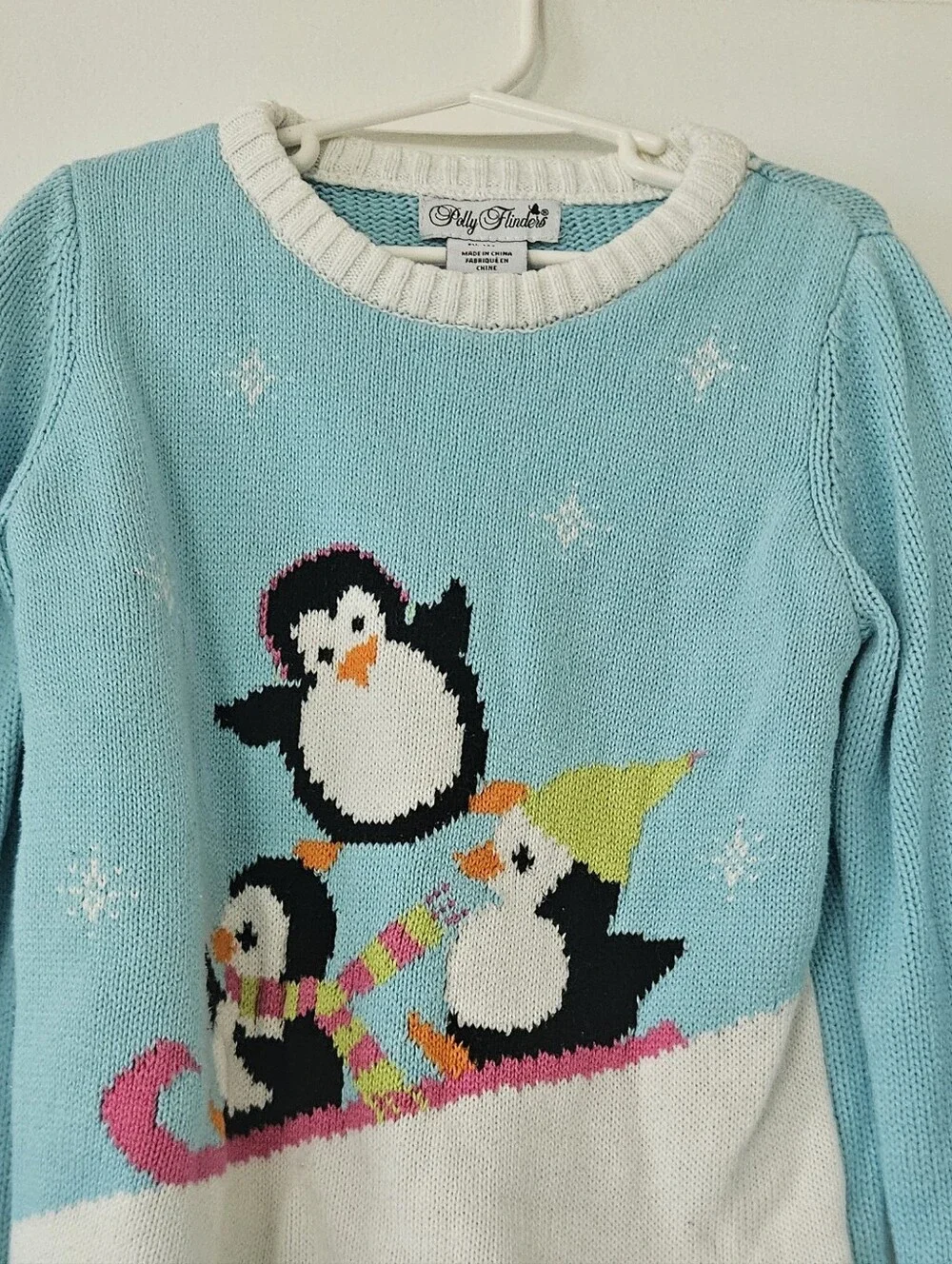 Polly Flinders Girls Sweater L 6X Penguin Winter Snow Sledding Christmas Knit